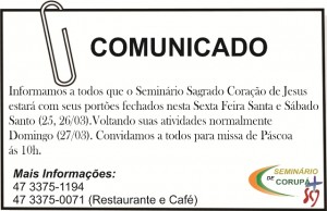 COMUNICADO SEXTA FEIRA SANTA E SÁBADO SANTO