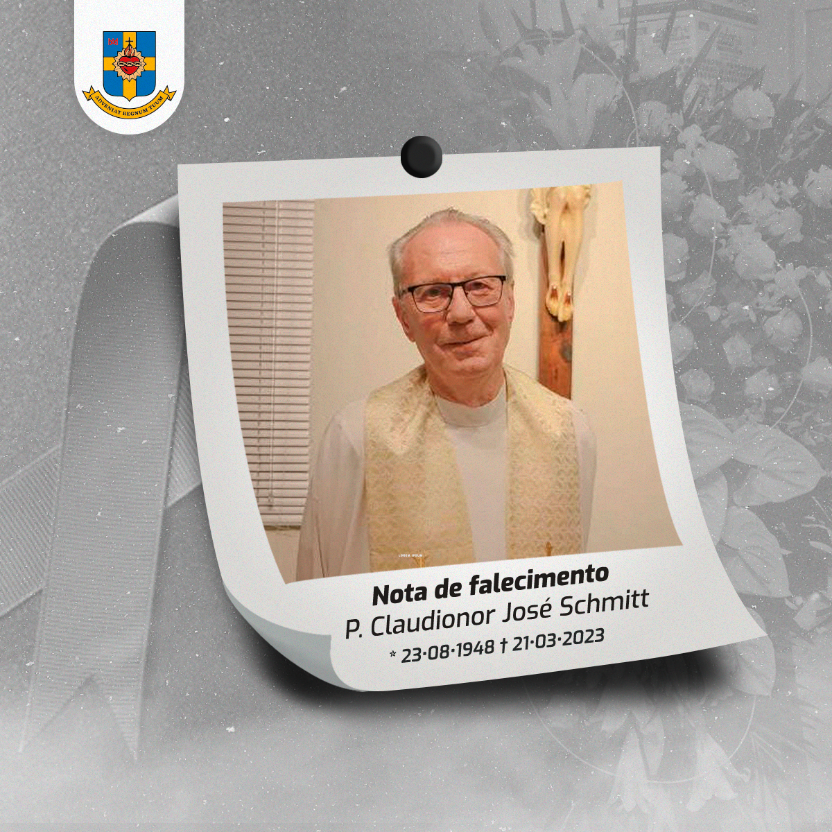 Padre Claudionor José Schimitt scj faleceu na manhã do dia 21 de março, no Hospital São José, em Jaraguá do Sul.